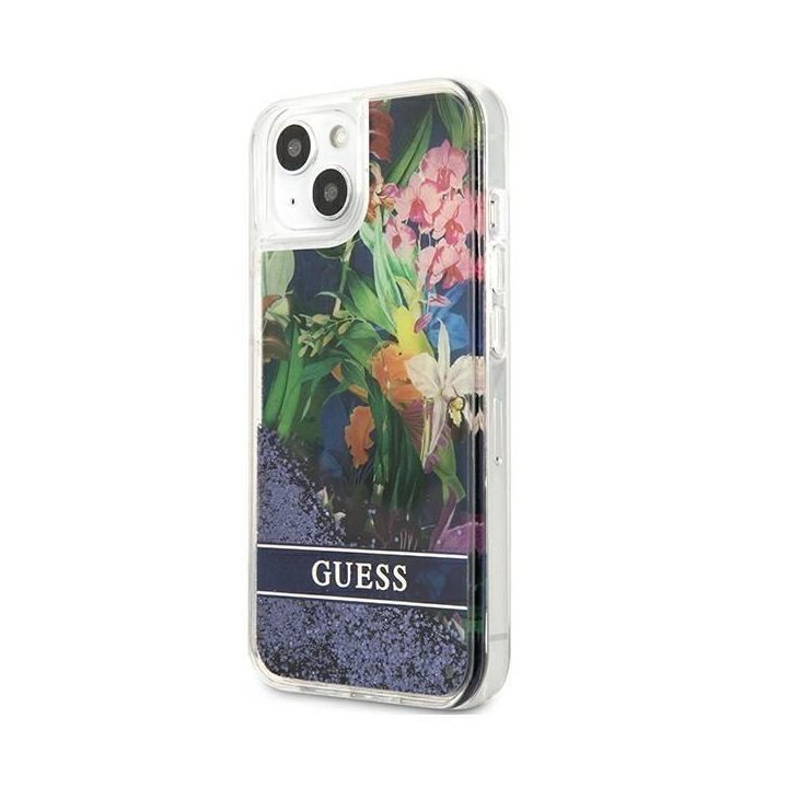 Guess GUHCP13SLFLSB iPhone 13 mini 5,4 mėlynos/mėlynos spalvos deklas Flower Liquid Glitter