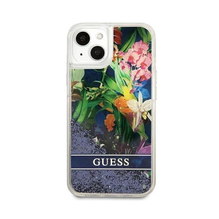 Guess GUHCP13SLFLSB iPhone 13 mini 5,4 mėlynos/mėlynos spalvos deklas Flower Liquid Glitter