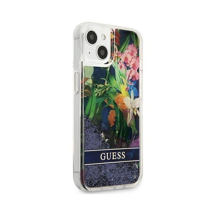 Guess GUHCP13SLFLSB iPhone 13 mini 5,4 mėlynos/mėlynos spalvos deklas Flower Liquid Glitter