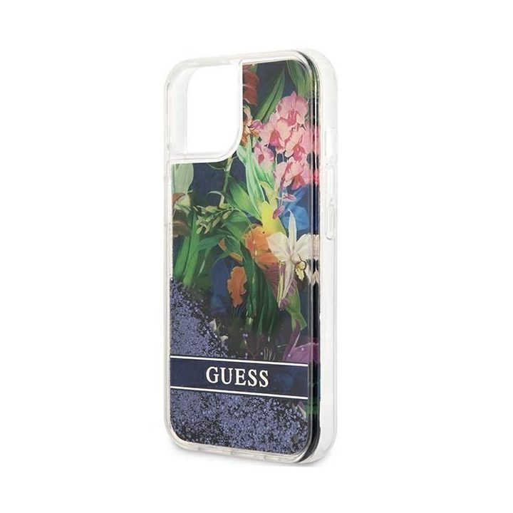 Guess GUHCP13SLFLSB iPhone 13 mini 5,4 mėlynos/mėlynos spalvos deklas Flower Liquid Glitter