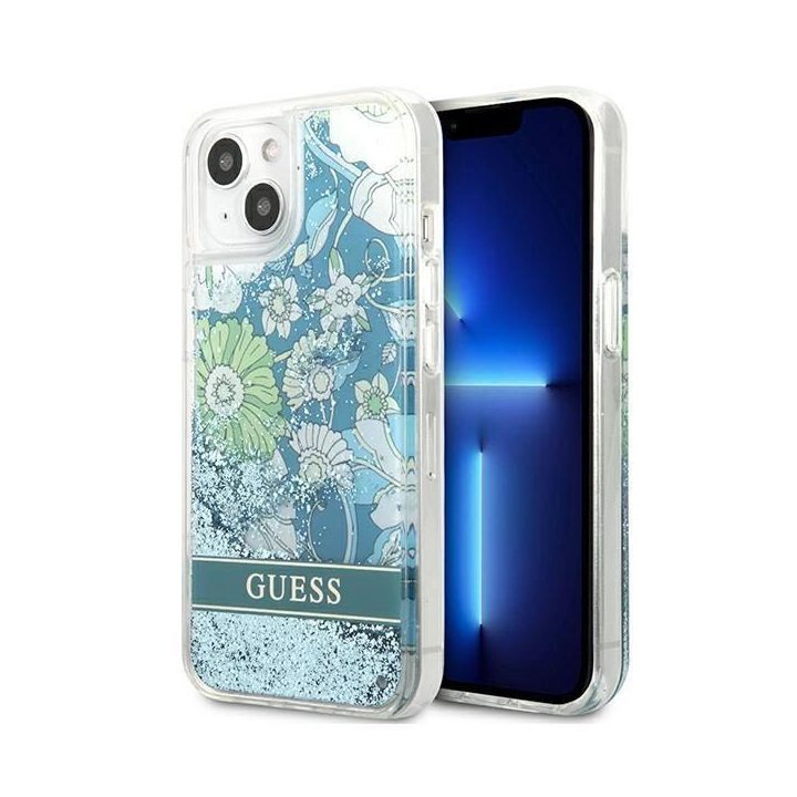 Guess GUHCP13SLFLSN iPhone 13 mini 5,4 , žalias/žalias deklas Flower Liquid Glitter