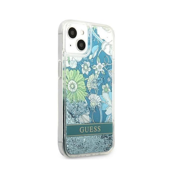 Guess GUHCP13SLFLSN iPhone 13 mini 5,4 , žalias/žalias deklas Flower Liquid Glitter