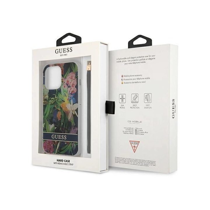 Guess GUHCP13LHFLSB iPhone 13 Pro / 13 6,1 mėlynos/mėlynos spalvos deklas su gėlių dirželiu