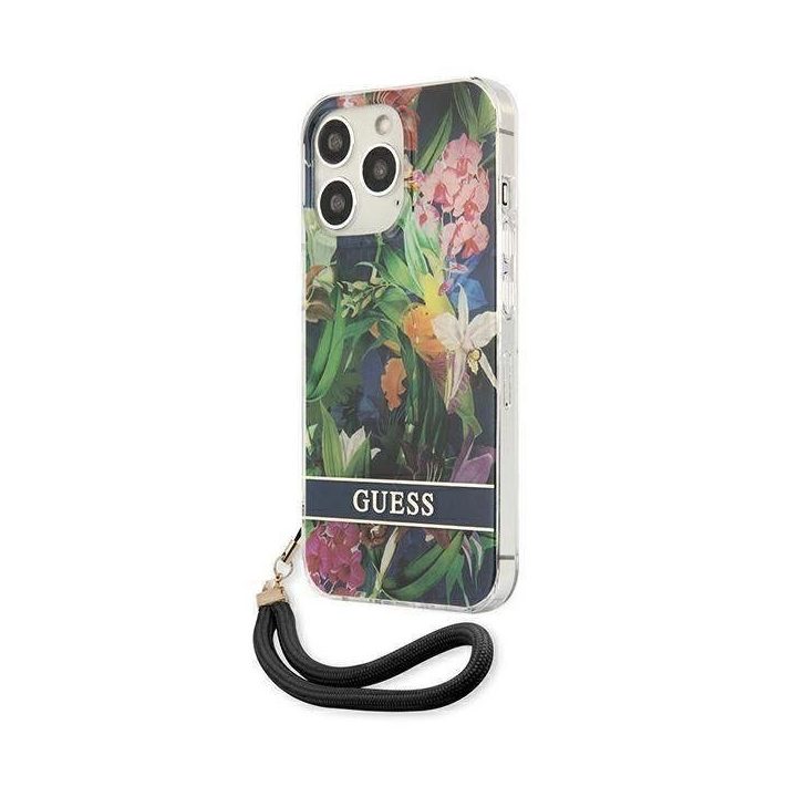 Guess GUHCP13LHFLSB iPhone 13 Pro / 13 6,1 mėlynos/mėlynos spalvos deklas su gėlių dirželiu