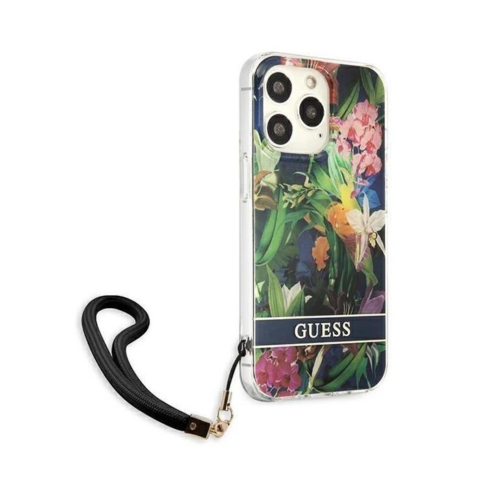 Guess GUHCP13LHFLSB iPhone 13 Pro / 13 6,1 mėlynos/mėlynos spalvos deklas su gėlių dirželiu