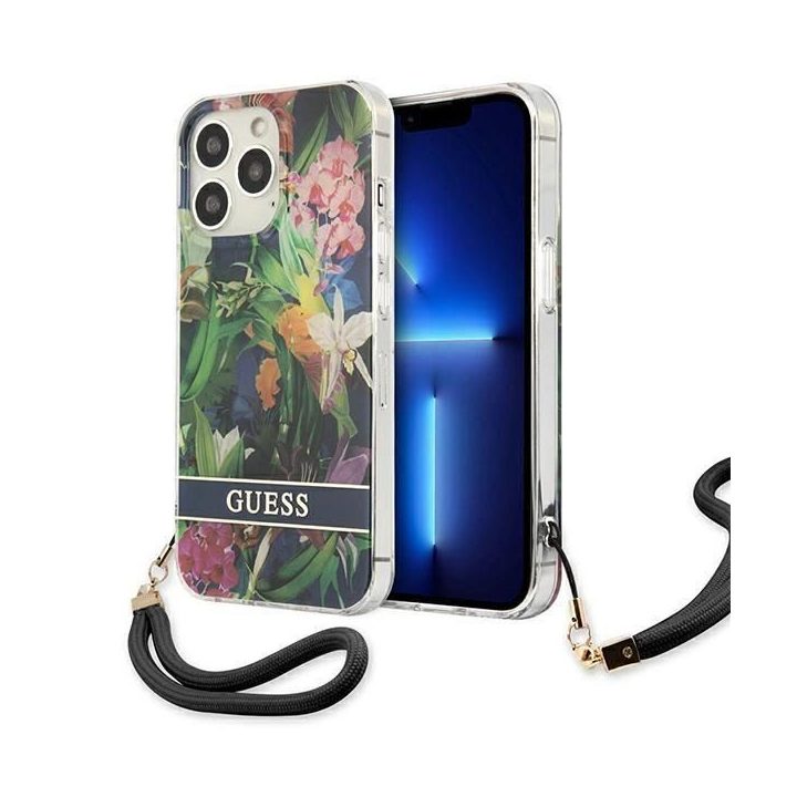 Guess GUHCP13LHFLSB iPhone 13 Pro / 13 6,1 mėlynos/mėlynos spalvos deklas su gėlių dirželiu