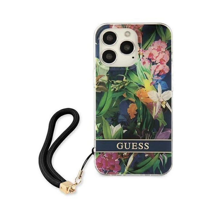Guess GUHCP13LHFLSB iPhone 13 Pro / 13 6,1 mėlynos/mėlynos spalvos deklas su gėlių dirželiu