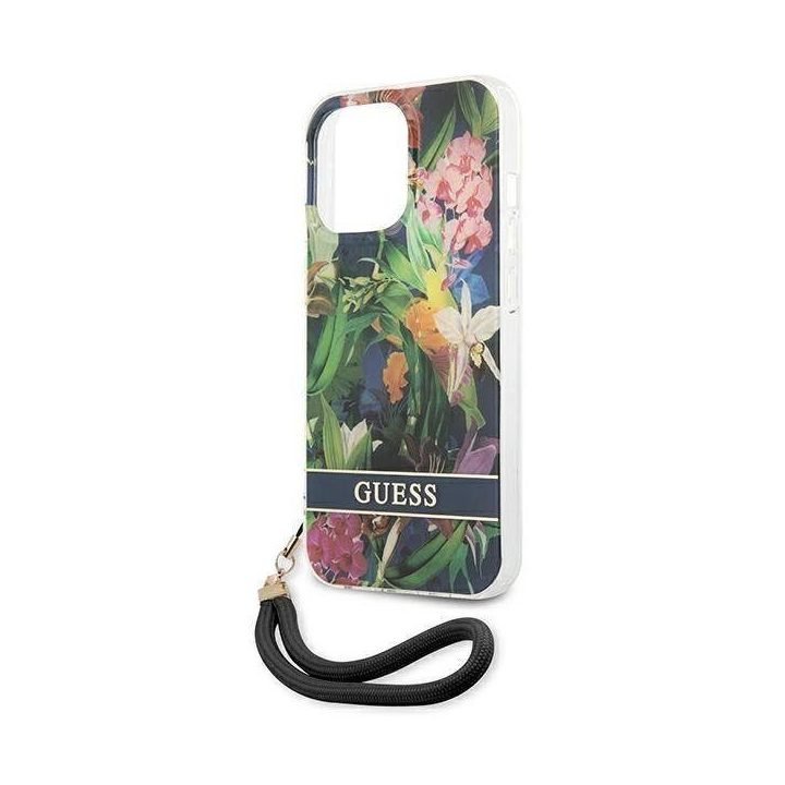 Guess GUHCP13LHFLSB iPhone 13 Pro / 13 6,1 mėlynos/mėlynos spalvos deklas su gėlių dirželiu