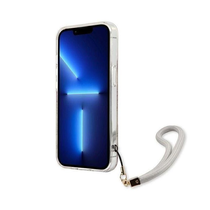 Guess GUHCP13SHFLSD iPhone 13 mini 5,4 aukso/aukso spalvos deklas su gėlių dirželiu