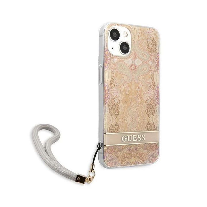 Guess GUHCP13SHFLSD iPhone 13 mini 5,4 aukso/aukso spalvos deklas su gėlių dirželiu