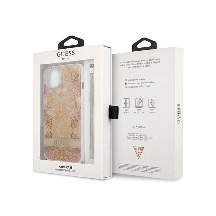 Guess GUHCP13SHFLSD iPhone 13 mini 5,4 aukso/aukso spalvos deklas su gėlių dirželiu
