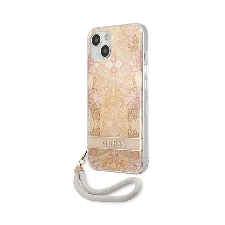 Guess GUHCP13SHFLSD iPhone 13 mini 5,4 aukso/aukso spalvos deklas su gėlių dirželiu