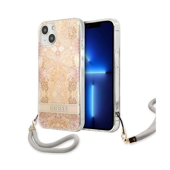 Guess GUHCP13SHFLSD iPhone 13 mini 5,4 aukso/aukso spalvos deklas su gėlių dirželiu