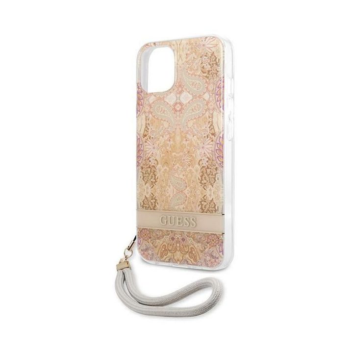 Guess GUHCP13SHFLSD iPhone 13 mini 5,4 aukso/aukso spalvos deklas su gėlių dirželiu