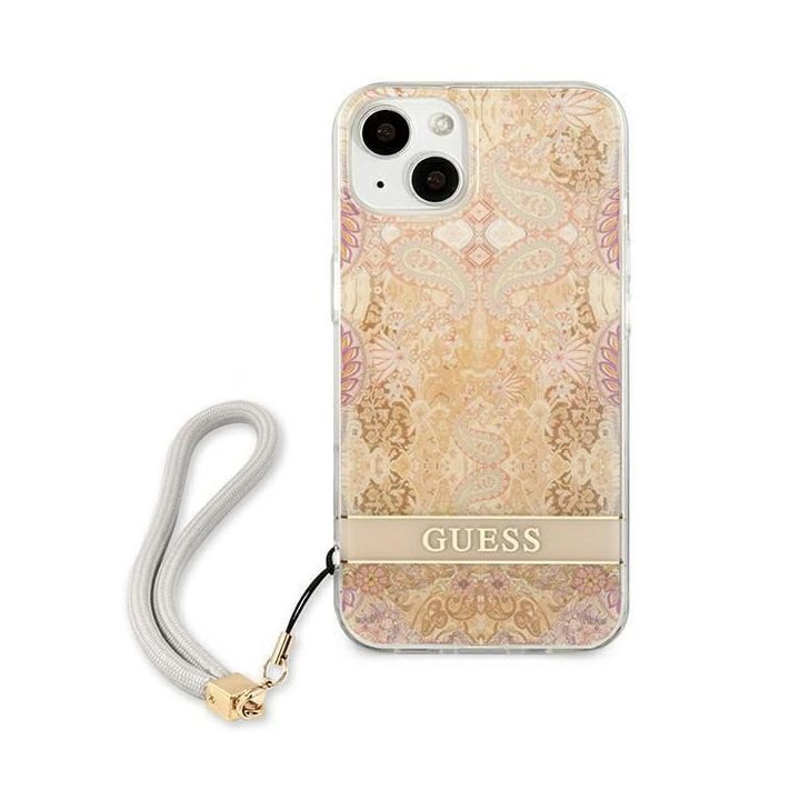 Guess GUHCP13SHFLSD iPhone 13 mini 5,4 aukso/aukso spalvos deklas su gėlių dirželiu