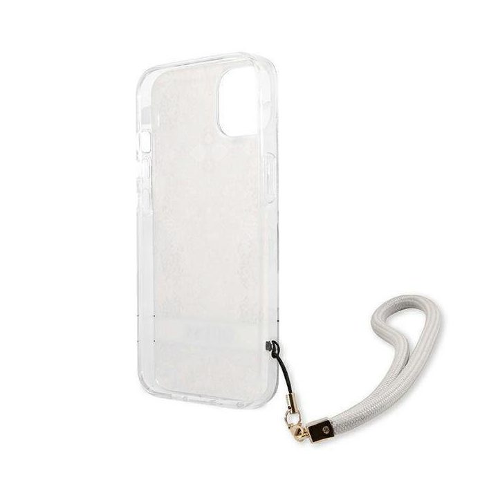 Guess GUHCP13SHFLSD iPhone 13 mini 5,4 aukso/aukso spalvos deklas su gėlių dirželiu