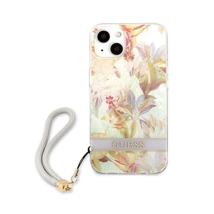 Guess GUHCP13SHFLSU iPhone 13 mini 5,4 violetinės/violetinės spalvos deklas su gėlių dirželiu