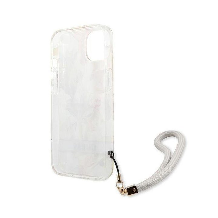 Guess GUHCP13SHFLSU iPhone 13 mini 5,4 violetinės/violetinės spalvos deklas su gėlių dirželiu