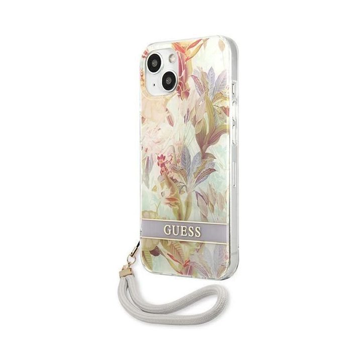 Guess GUHCP13SHFLSU iPhone 13 mini 5,4 violetinės/violetinės spalvos deklas su gėlių dirželiu
