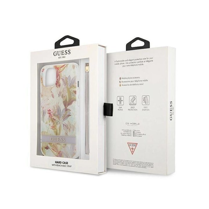 Guess GUHCP13SHFLSU iPhone 13 mini 5,4 violetinės/violetinės spalvos deklas su gėlių dirželiu
