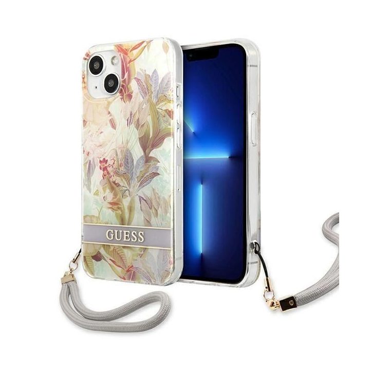 Guess GUHCP13SHFLSU iPhone 13 mini 5,4 violetinės/violetinės spalvos deklas su gėlių dirželiu