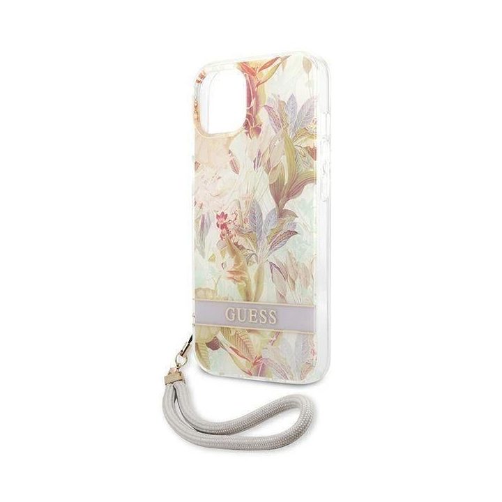 Guess GUHCP13SHFLSU iPhone 13 mini 5,4 violetinės/violetinės spalvos deklas su gėlių dirželiu