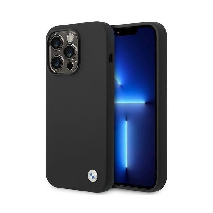 BMW dėklas BMHCP14XSILBK iPhone 14 Pro Max 6.7 juoda/juoda Silikoninis metalinis logotipas