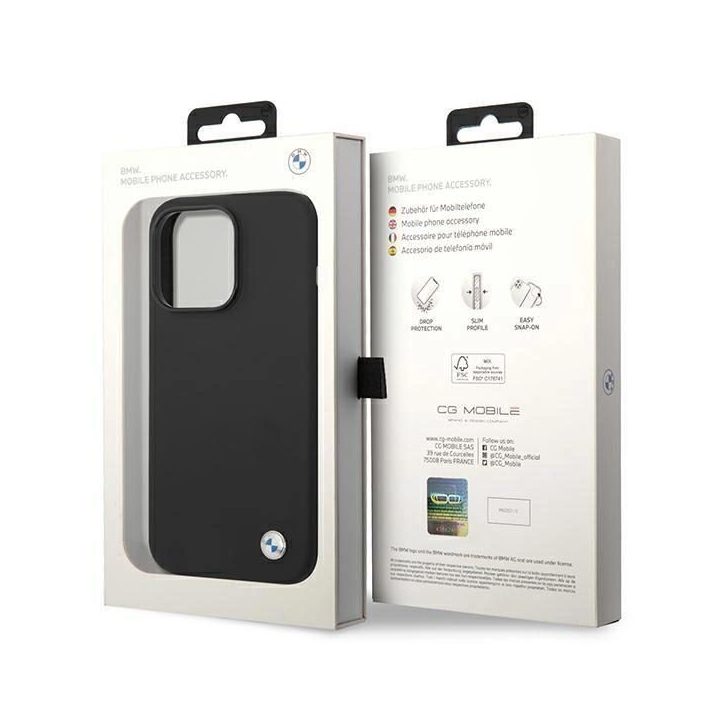 BMW dėklas BMHCP14XSILBK iPhone 14 Pro Max 6.7 juoda/juoda Silikoninis metalinis logotipas