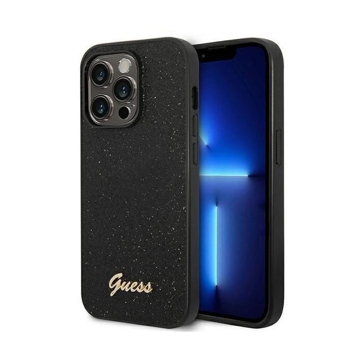 Guess iPhone 14 Pro 6,1 juodas/juodas dėklas Glitter Script