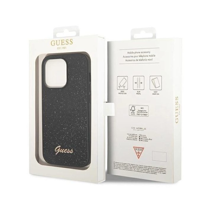 Guess iPhone 14 Pro 6,1 juodas/juodas dėklas Glitter Script
