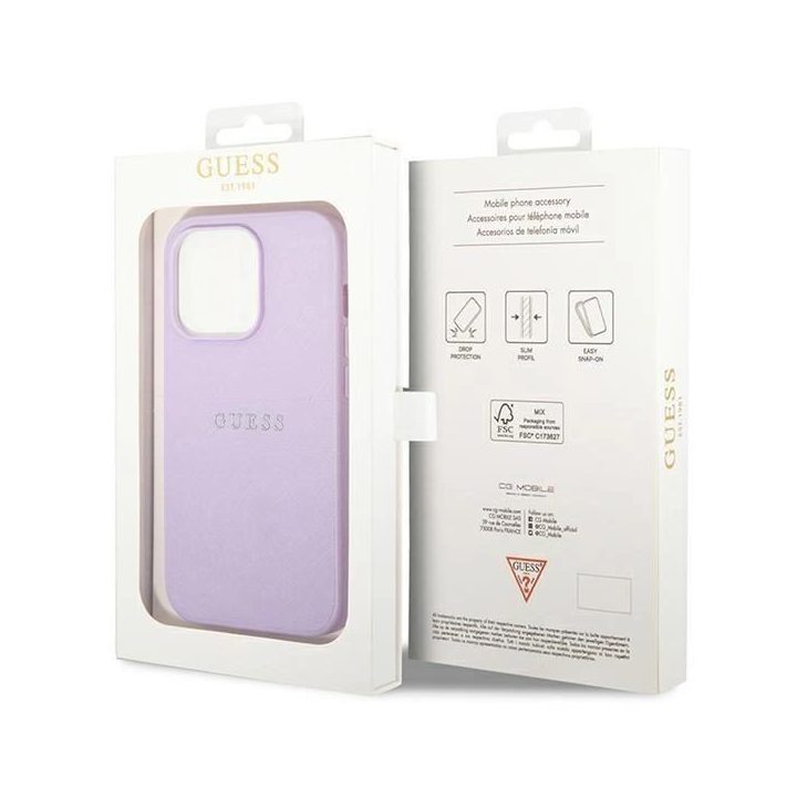 Guess GUHCP14LPSASBPU iPhone 14 Pro 6.1 fioletowy/purple Saffiano dirželis