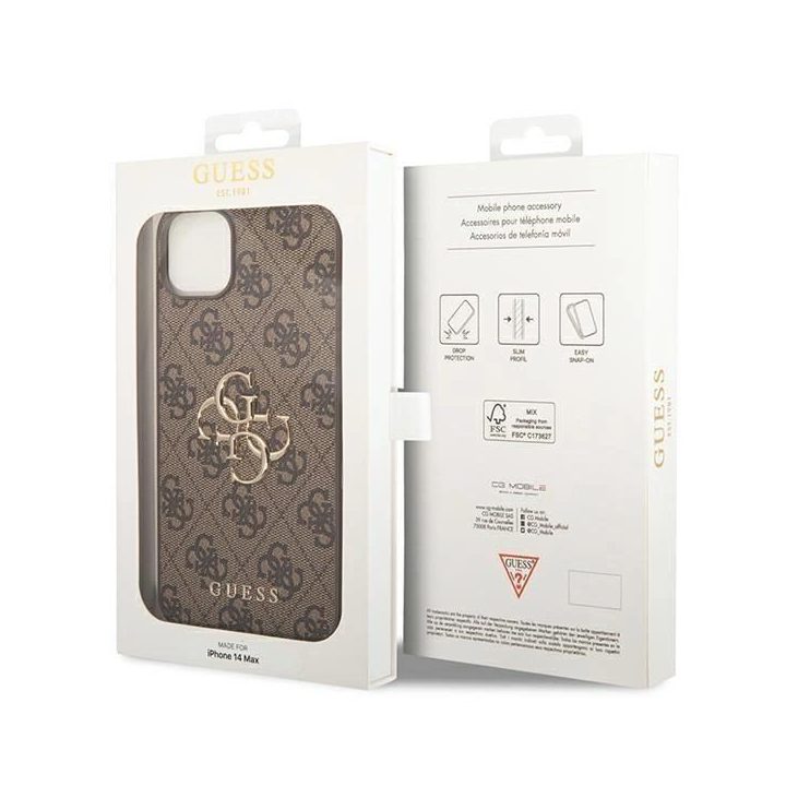 Numanykite, kad GUHCP14S4GMGBR iPhone 14 6,1 rudos spalvos kietas dėklas 4G, turintis didelį metalinį logotipą