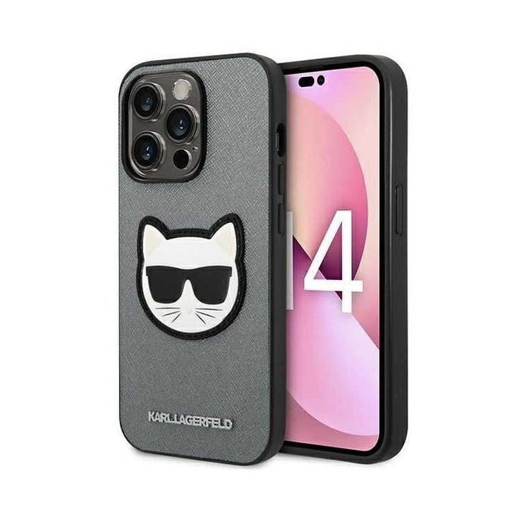 Karl Lagerfeld KLHCP14XSAPCHG iPhone 14 Pro Max 6.7 deklas sidabrinis Saffiano Choupette Head Patch