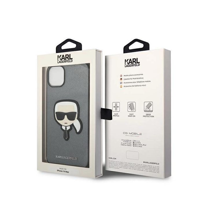 Karl Lagerfeld KLHCP14MSAPKHG iPhone 14 Plus 6,7 sidabrinis/sidabrinis deklas Saffiano Karl`s Head Patch