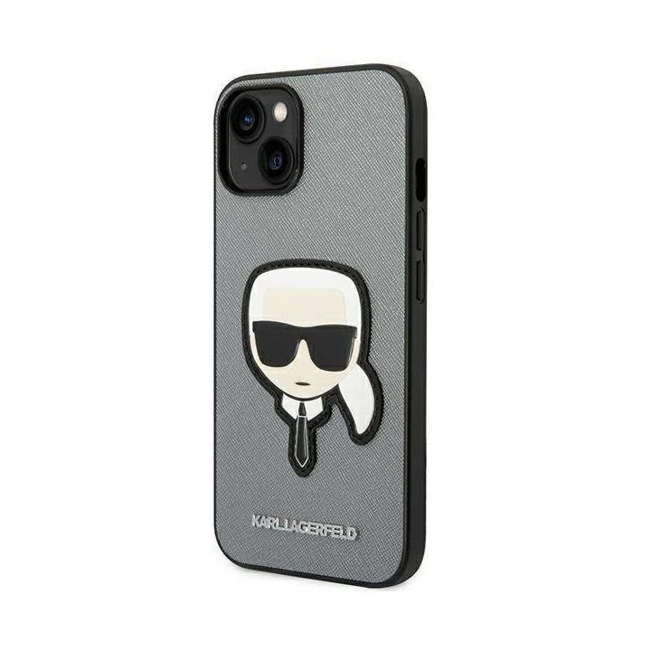 Karl Lagerfeld KLHCP14MSAPKHG iPhone 14 Plus 6,7 sidabrinis/sidabrinis deklas Saffiano Karl`s Head Patch