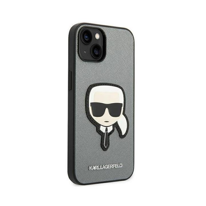 Karl Lagerfeld KLHCP14MSAPKHG iPhone 14 Plus 6,7 sidabrinis/sidabrinis deklas Saffiano Karl`s Head Patch