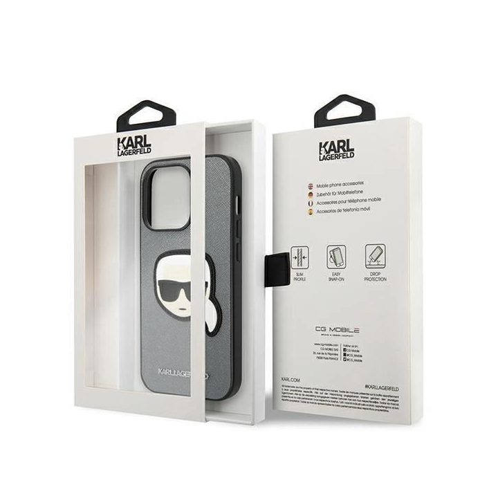 Karl Lagerfeld KLHCP14LSAPKHG iPhone 14 Pro 6.1 sidabrinis deklas Saffiano Karl`s Head Patch
