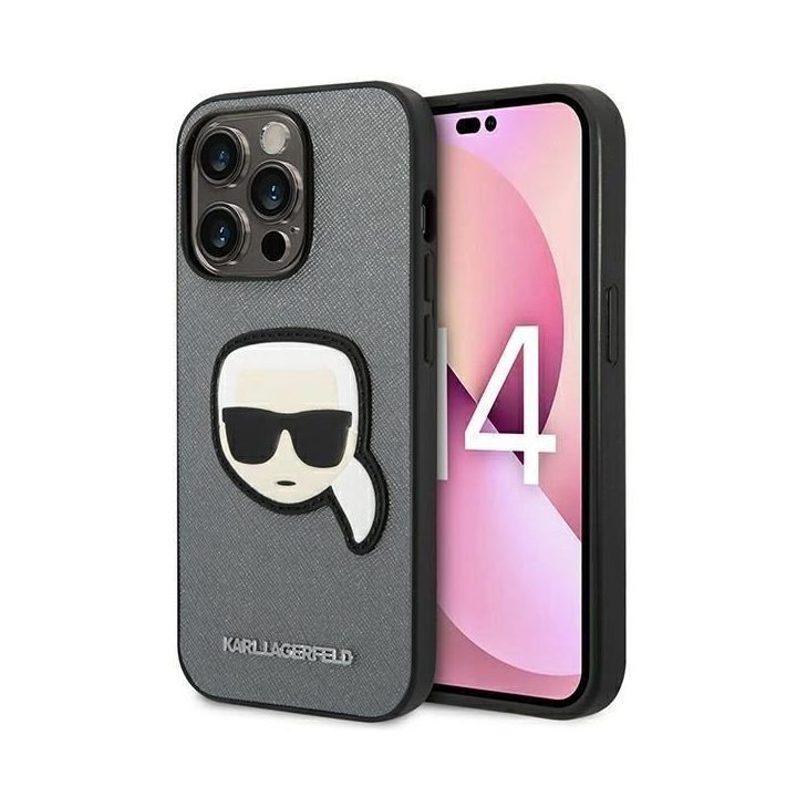 Karl Lagerfeld KLHCP14LSAPKHG iPhone 14 Pro 6.1 sidabrinis deklas Saffiano Karl`s Head Patch
