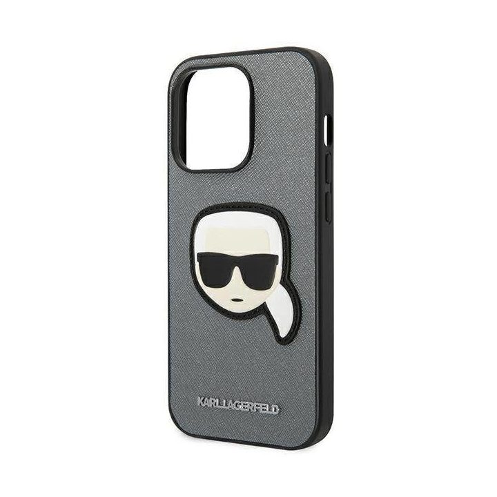 Karl Lagerfeld KLHCP14LSAPKHG iPhone 14 Pro 6.1 sidabrinis deklas Saffiano Karl`s Head Patch
