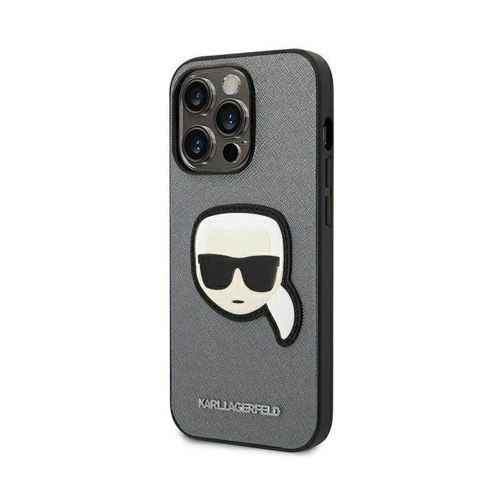 Karl Lagerfeld KLHCP14LSAPKHG iPhone 14 Pro 6.1 sidabrinis deklas Saffiano Karl`s Head Patch