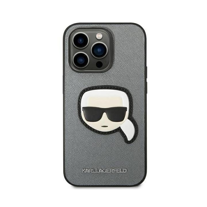 Karl Lagerfeld KLHCP14LSAPKHG iPhone 14 Pro 6.1 sidabrinis deklas Saffiano Karl`s Head Patch