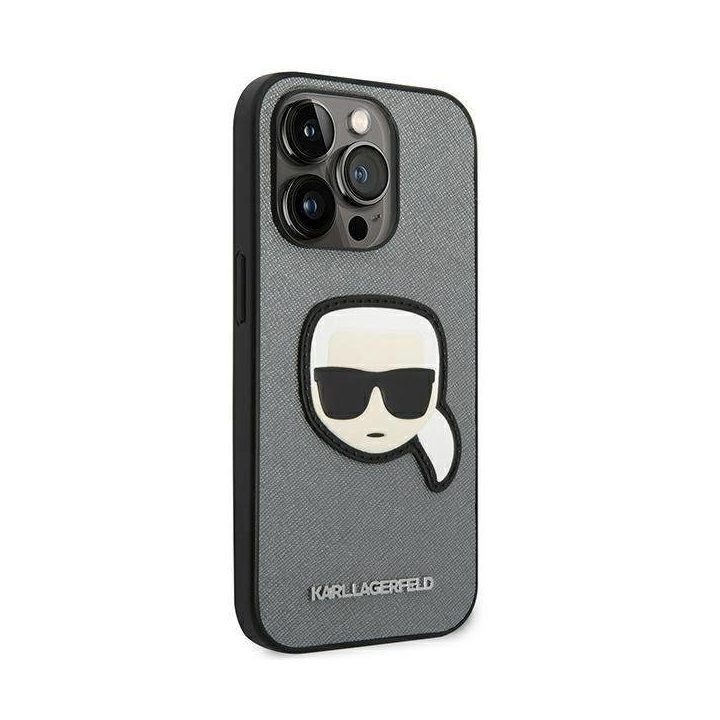 Karl Lagerfeld KLHCP14XSAPKHG iPhone 14 Pro Max 6.7 sidabrinis deklas Saffiano Karl`s Head Patch