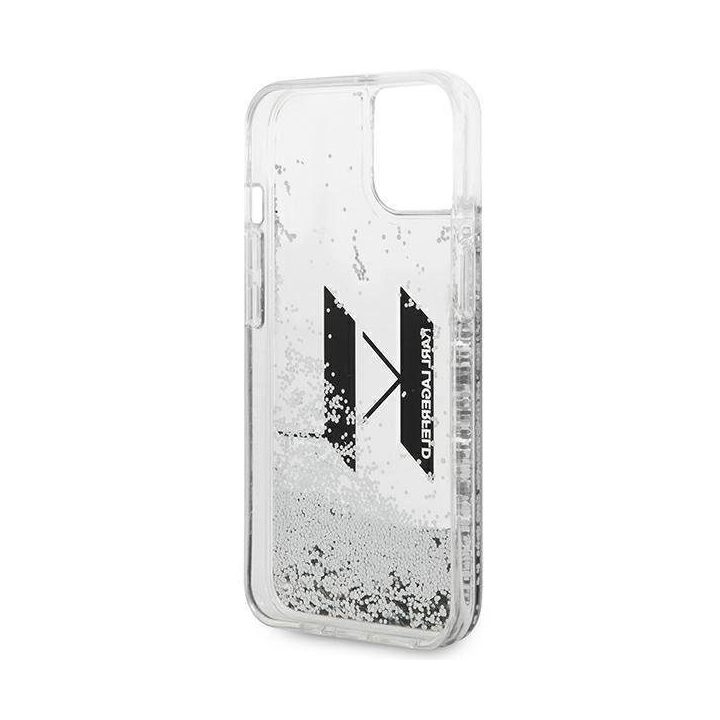 Karl Lagerfeld iPhone 14 sidabrinis dėklas Liquid Glitter