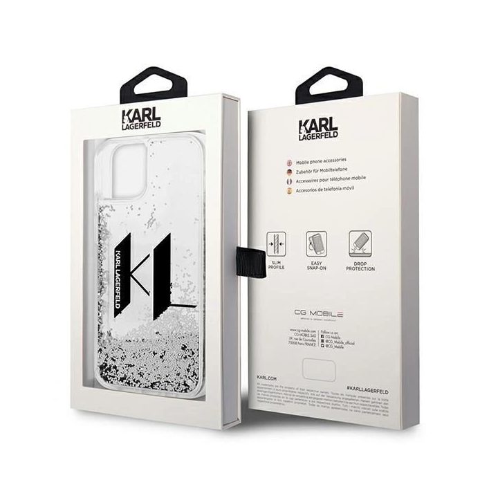 Karl Lagerfeld iPhone 14 sidabrinis dėklas Liquid Glitter
