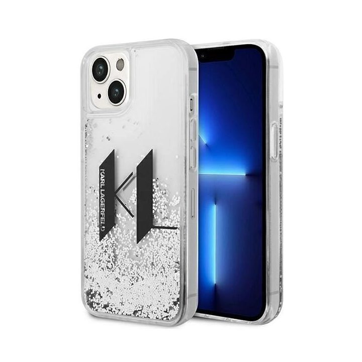 Karl Lagerfeld iPhone 14 sidabrinis dėklas Liquid Glitter