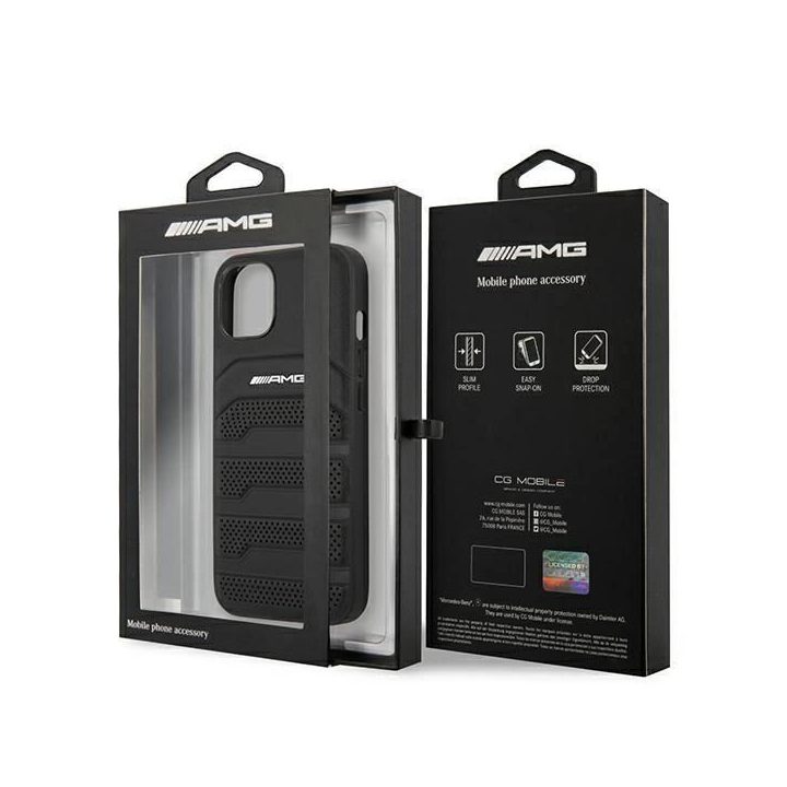 AMG AMHCP14MGSEBK iPhone 14 Plus 6,7 , juodas / juodas deklas, odinis, su įspaustomis linijomis