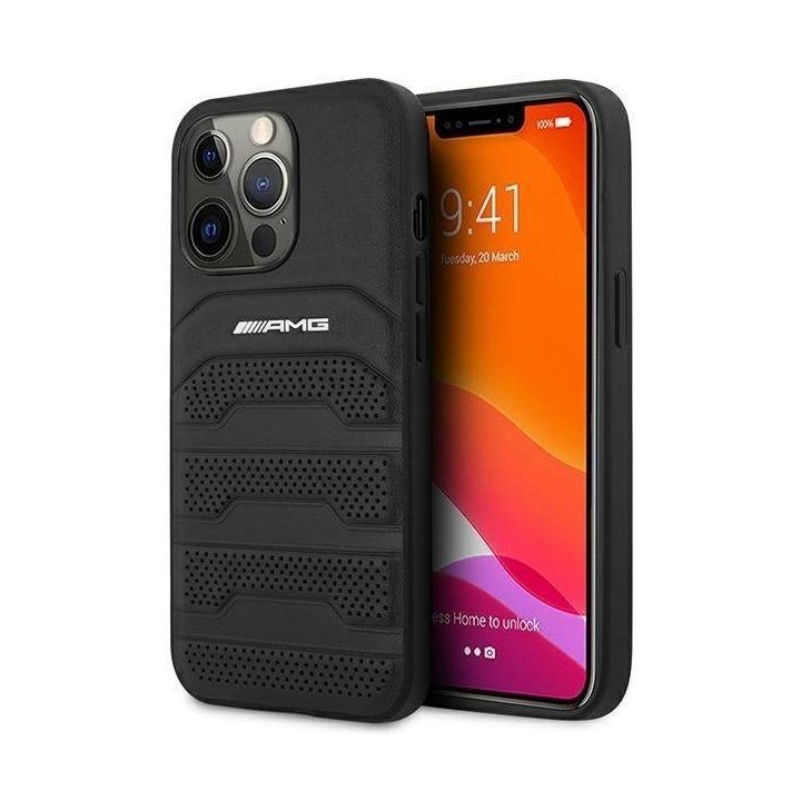 AMG AMHCP14XGSEBK iPhone 14 Pro Max 6,7 , juodas / juodas deklas, odinis, su įspaustomis linijomis