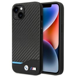 BMW dėklas iPhone 14 6.1“ juodas/juodas odinis Carbon“