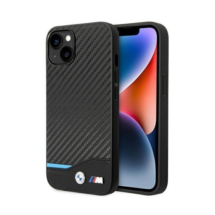 BMW dėklas iPhone 14 6.1“ juodas/juodas odinis Carbon“