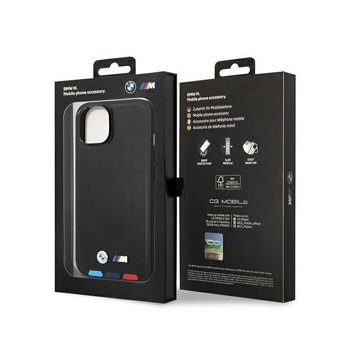 Dėklas BMW BMHMP14M22PTDK iPhone 14 Plus 6.7 juodas / juodas Odinis antspaudas Tricolor Magsafe